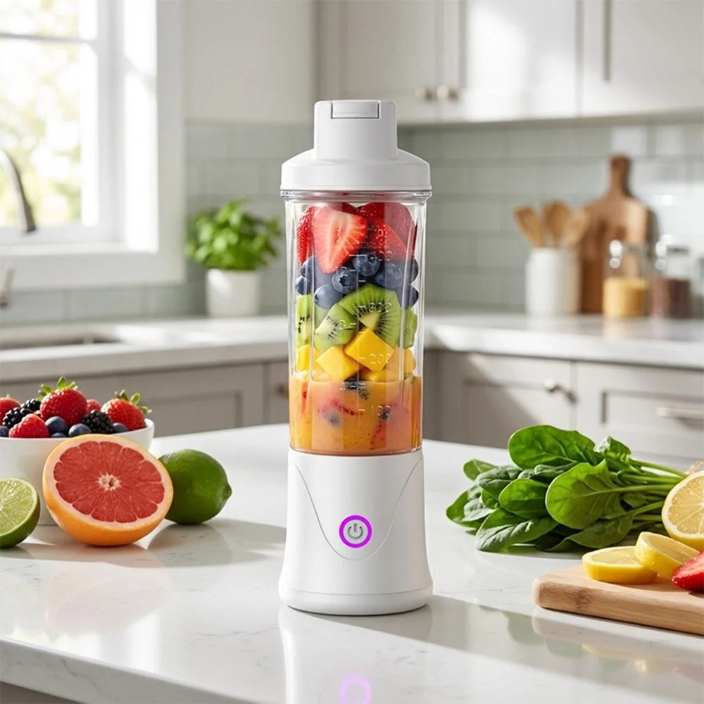 BDL-010pro 7.4V Rechargeable 450ml 22-Blade Juicer Cup 2 in 1 Portable Water Bottle for Fitness (BPA Free, No FDA) - White - 7