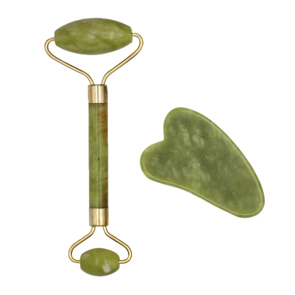 Natural Jade Massage Roller + Guasha Scraper Face Slimming Anti-Aging Puffy Eyes Neck Facial Skin Care Tools - 1
