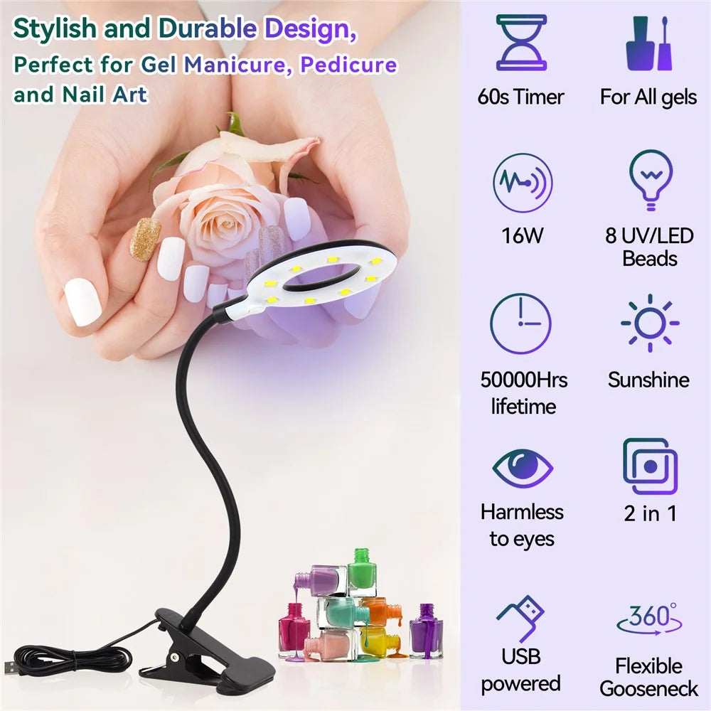 102 Portable USB Nail Extension Nail Polish Curing Lamp Manicure Phototherapy Ring Light with Clip - Black - 6