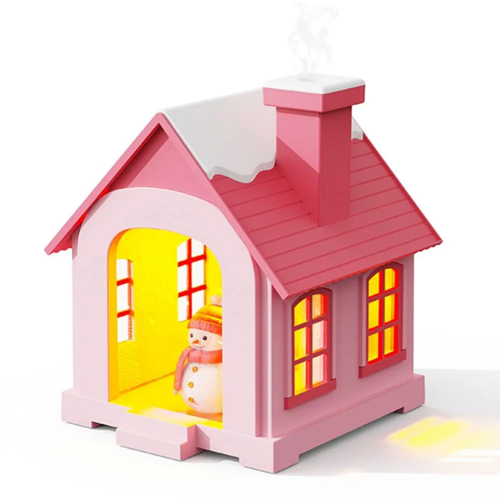 Adorable Snow House Humidifier 500ml Mist Sprayer with Warm Lighting for Desk and Home - Pink - 1