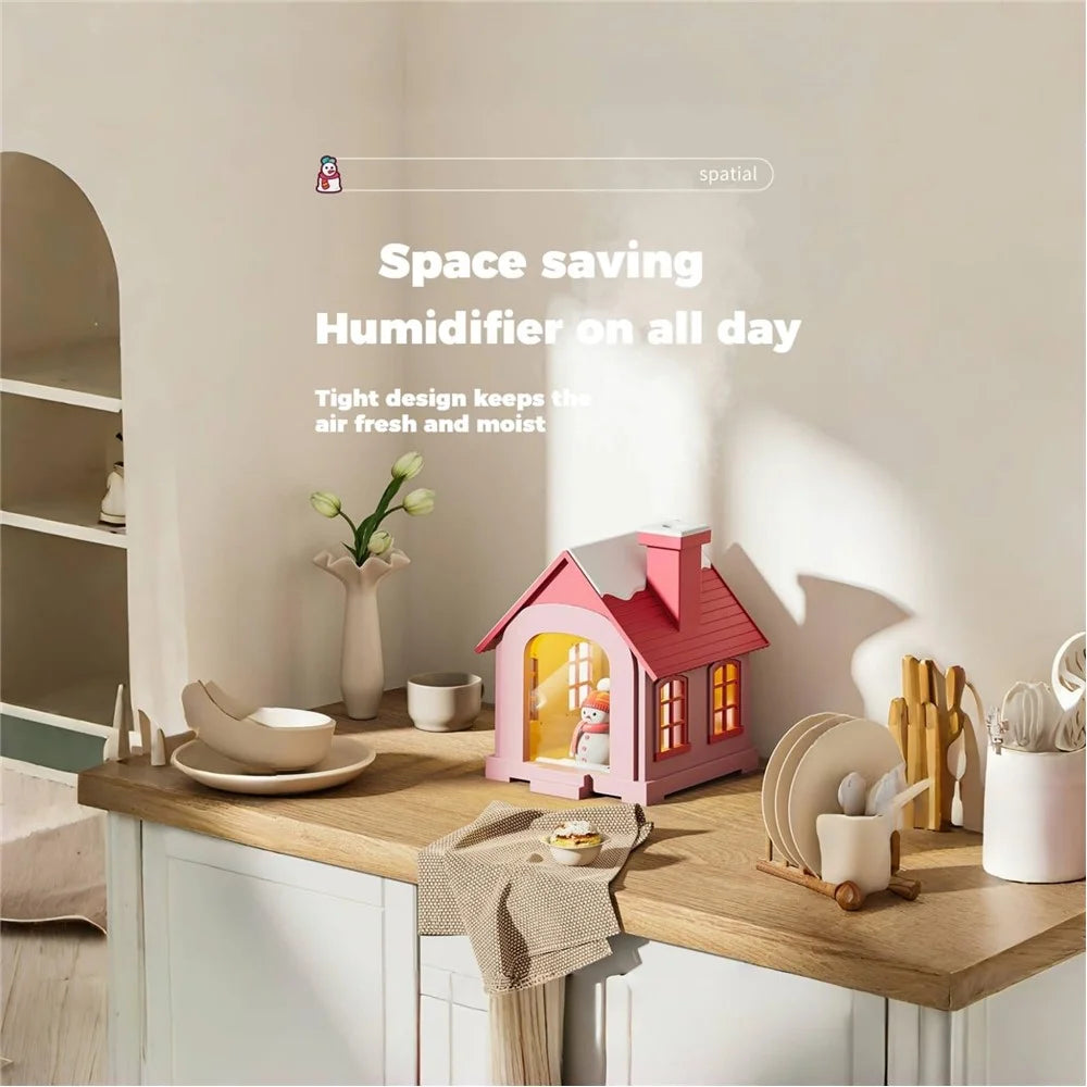 Adorable Snow House Humidifier 500ml Mist Sprayer with Warm Lighting for Desk and Home - Pink - 2