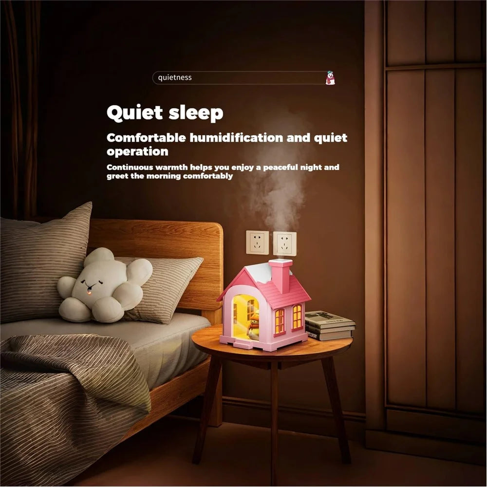 Adorable Snow House Humidifier 500ml Mist Sprayer with Warm Lighting for Desk and Home - Pink - 3