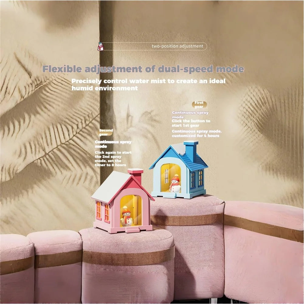 Adorable Snow House Humidifier 500ml Mist Sprayer with Warm Lighting for Desk and Home - Pink - 4