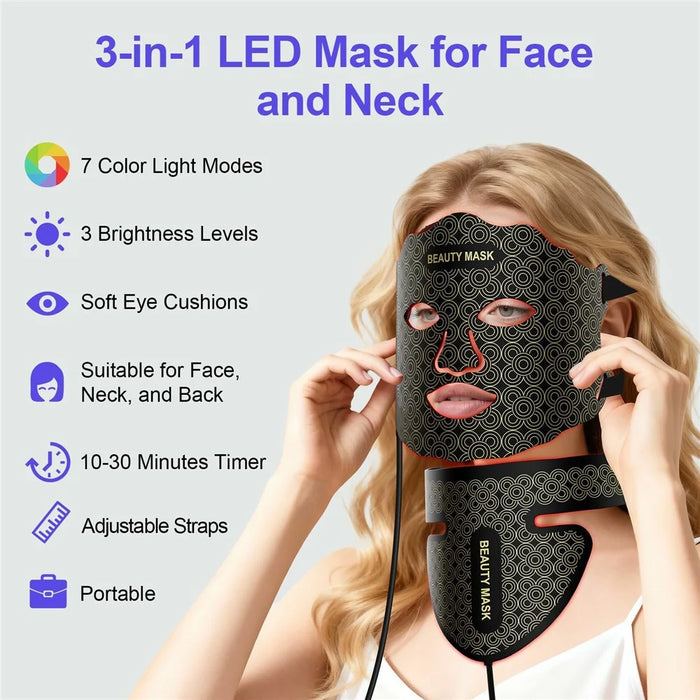 Beauty Mask 7-Color LED Light Therapy Device for Face and Neck Skin Rejuvenation 3 Intensity Levels - Black - 6