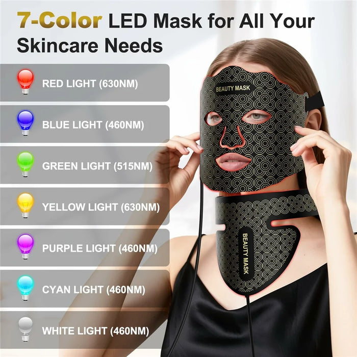 Beauty Mask 7-Color LED Light Therapy Device for Face and Neck Skin Rejuvenation 3 Intensity Levels - Black - 7