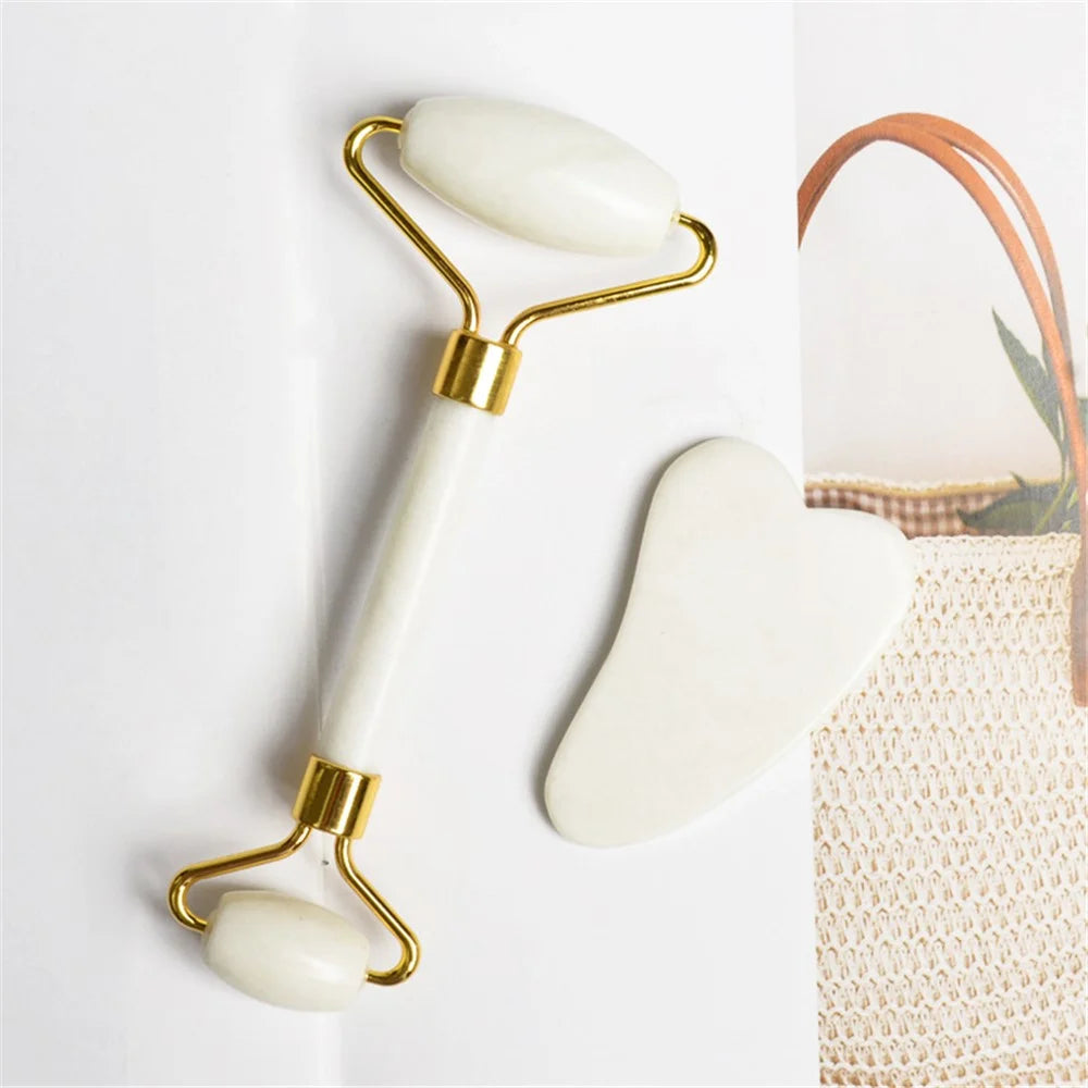 Natural Jade Dual Head Massage Roller + Guasha Board Scraper Face Slimming Anti-Aging Puffy Eyes Facial Skin Care Tools - Style A - 2