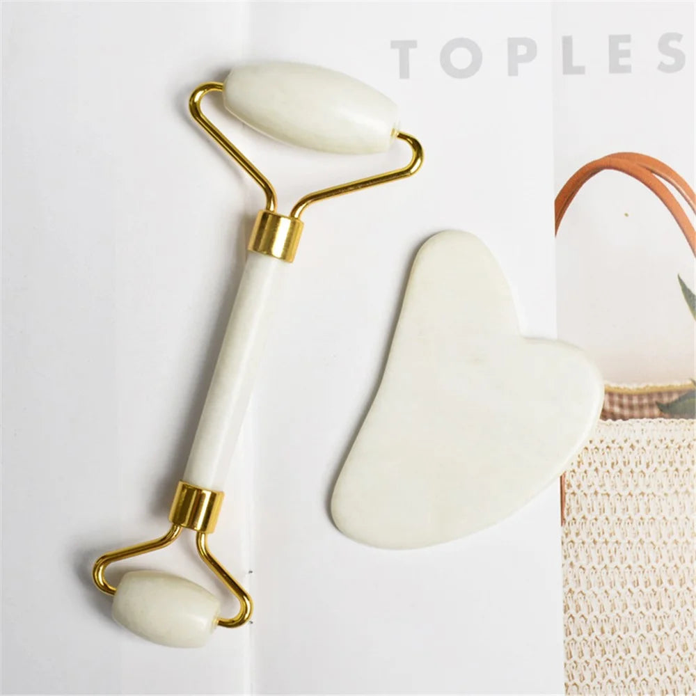 Natural Jade Dual Head Massage Roller + Guasha Board Scraper Face Slimming Anti-Aging Puffy Eyes Facial Skin Care Tools - Style A - 5