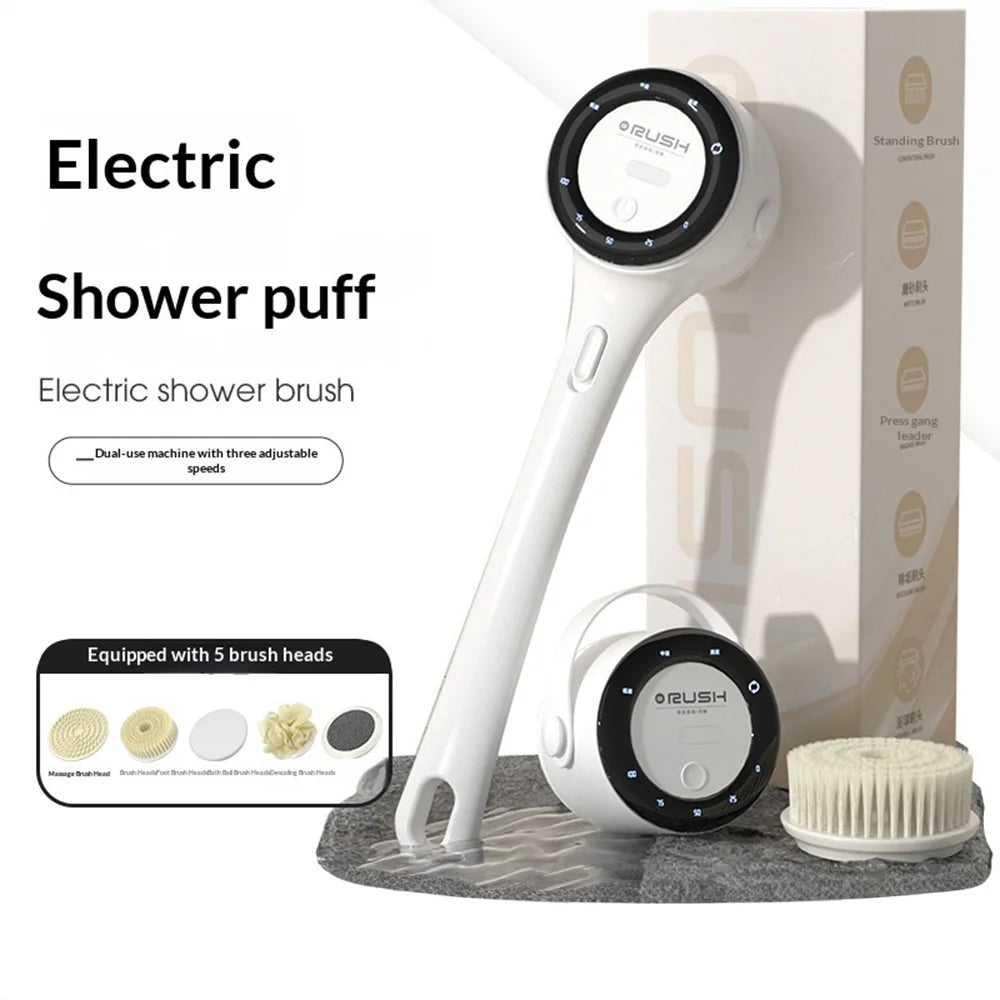 LED Display Long Handle Back Scrubber 3-Speed Adjustable Electric Shower Brush with 5 Brush Heads - White - 2