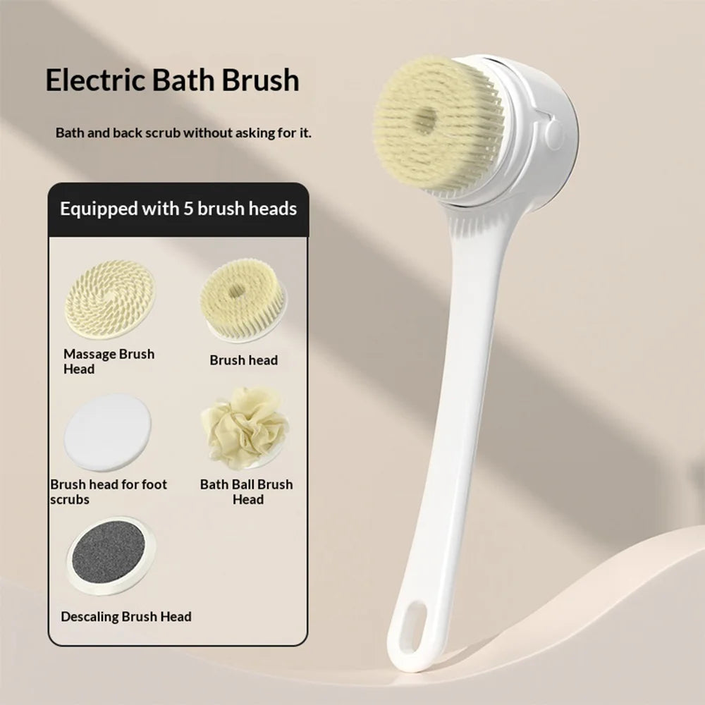 LED Display Long Handle Back Scrubber 3-Speed Adjustable Electric Shower Brush with 5 Brush Heads - White - 3