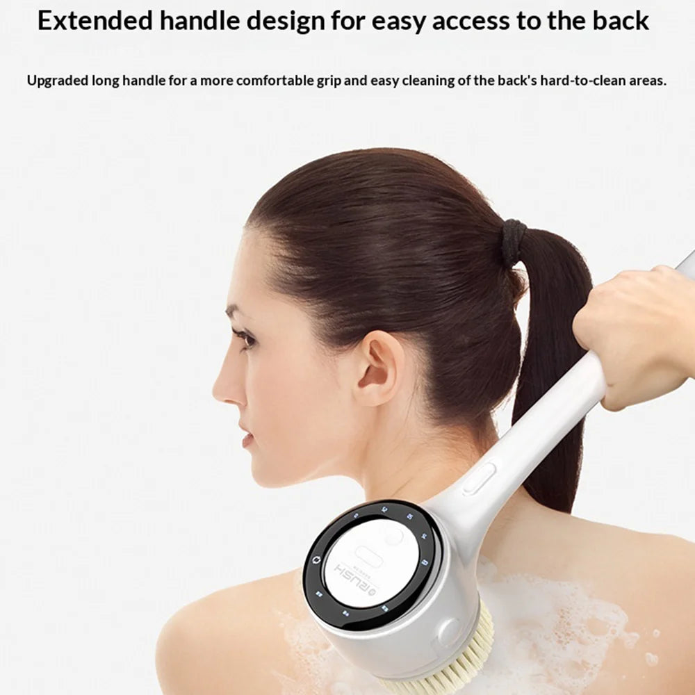LED Display Long Handle Back Scrubber 3-Speed Adjustable Electric Shower Brush with 5 Brush Heads - White - 5