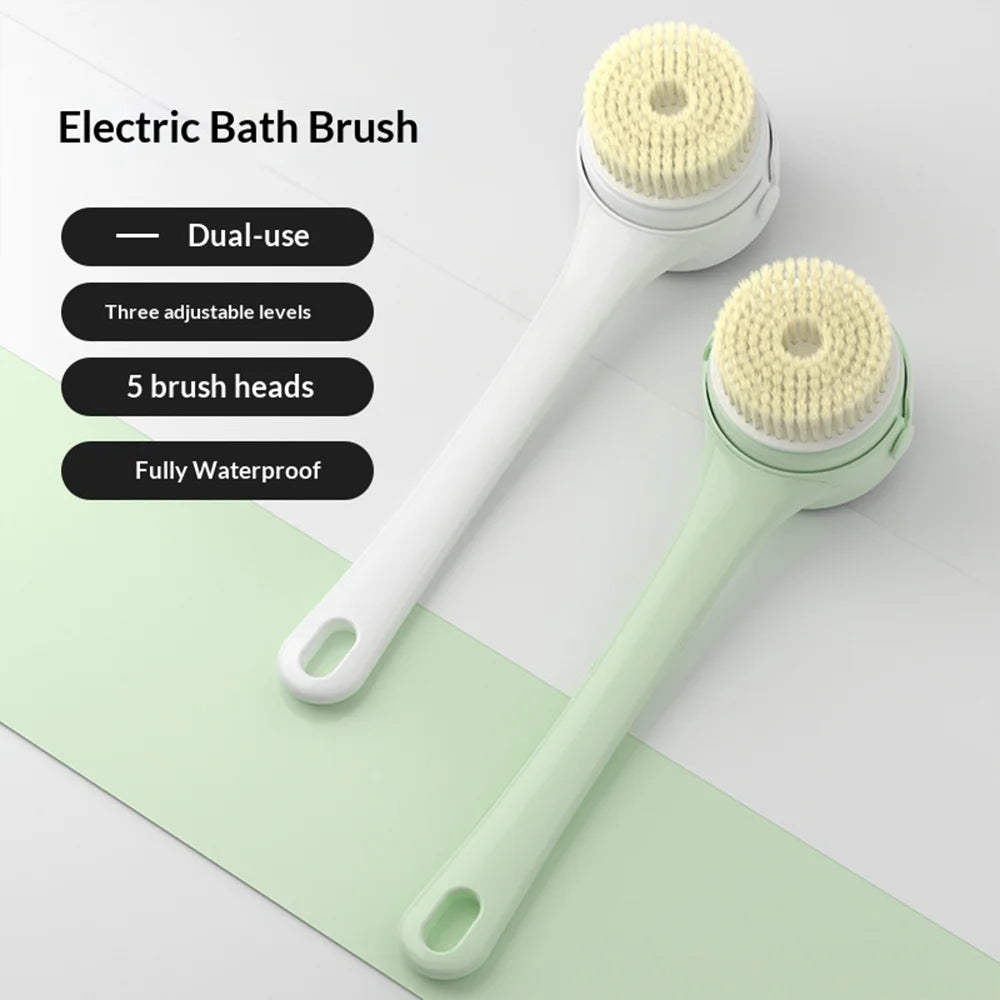 LED Display Long Handle Back Scrubber 3-Speed Adjustable Electric Shower Brush with 5 Brush Heads - White - 6