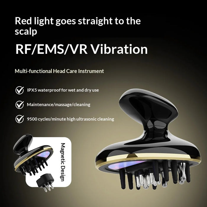 BP-206 Waterproof Hair Oil Applicator RF/EMS Red and Blue Light Therapy Scalp Massage Comb for Hair Growth - Black+Gold - 3
