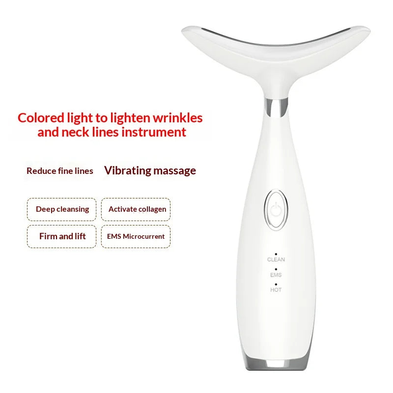 HX-05 Neck Face Care Device LED Light Therapy Anti-Wrinkle Sonic Vibration EMS Lifting Beauty Instrument - White + Silver Plated Ring - 2