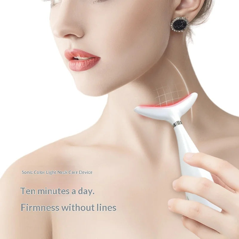 HX-05 Neck Face Care Device LED Light Therapy Anti-Wrinkle Sonic Vibration EMS Lifting Beauty Instrument - White + Silver Plated Ring - 4