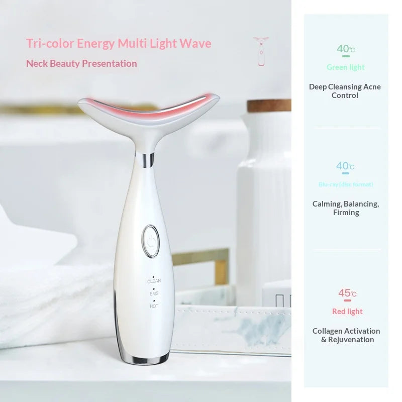 HX-05 Neck Face Care Device LED Light Therapy Anti-Wrinkle Sonic Vibration EMS Lifting Beauty Instrument - White + Silver Plated Ring - 5