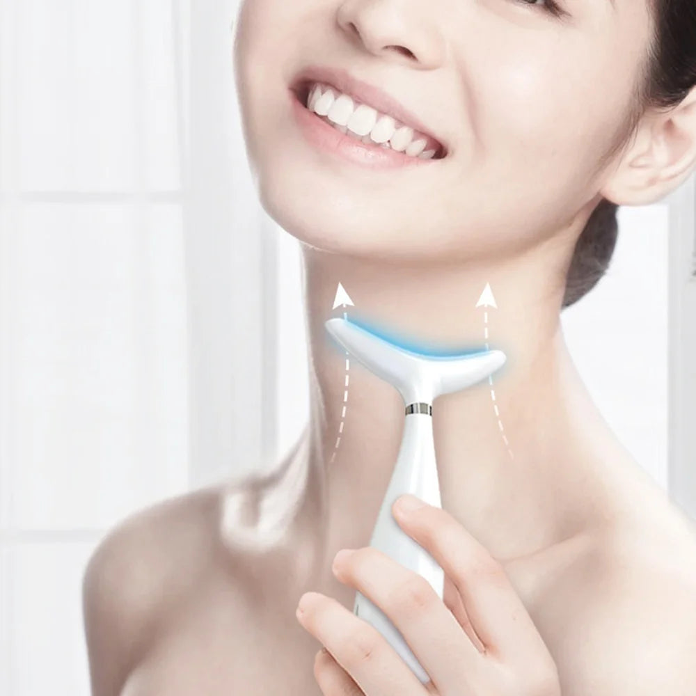 HX-05 Neck Face Care Device LED Light Therapy Anti-Wrinkle Sonic Vibration EMS Lifting Beauty Instrument - White + Silver Plated Ring - 7