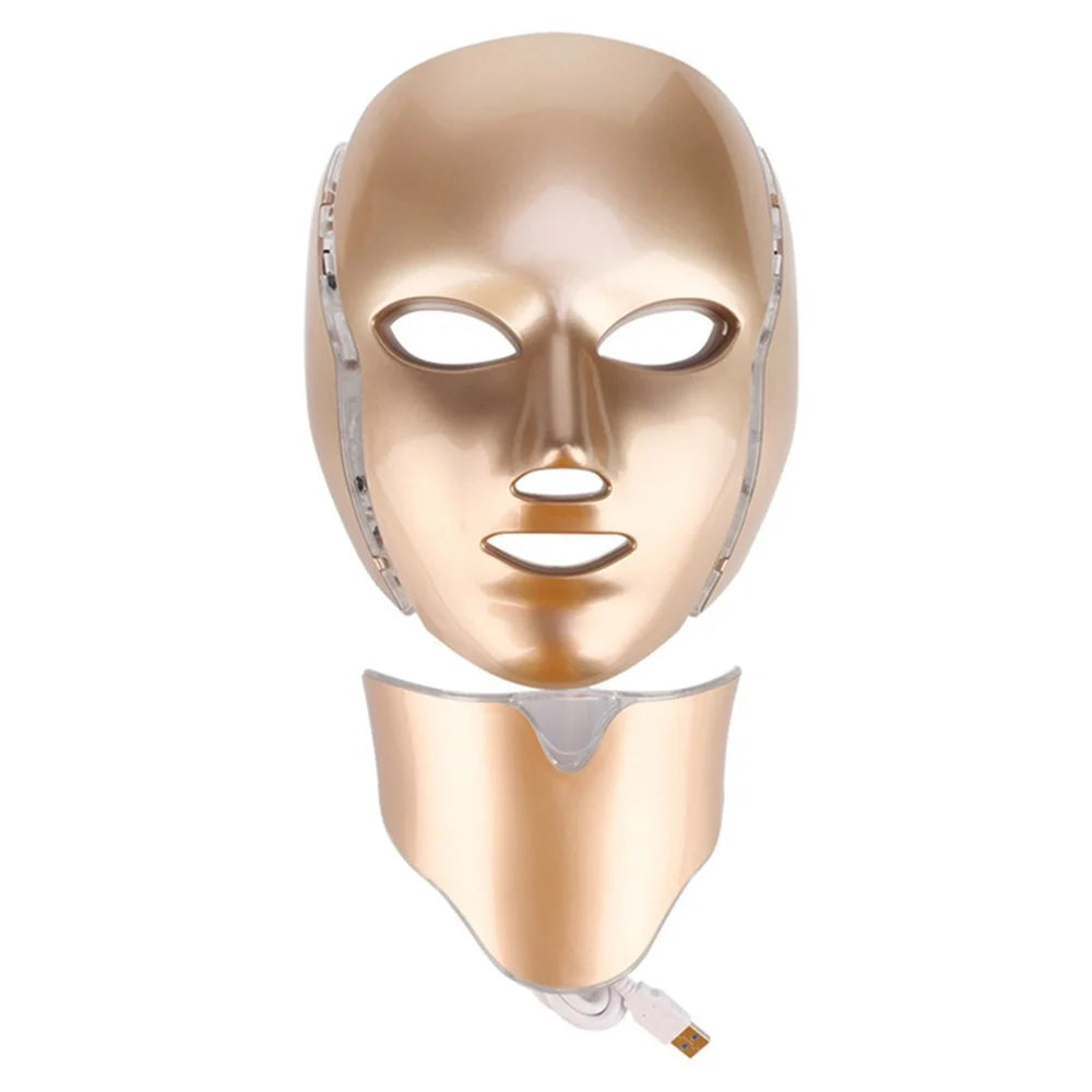 7 Colors LED Face Mask Face and Neck Skin Care Optical Cosmetic Mask for Home and Travel Use - Gold / US Plug - 1