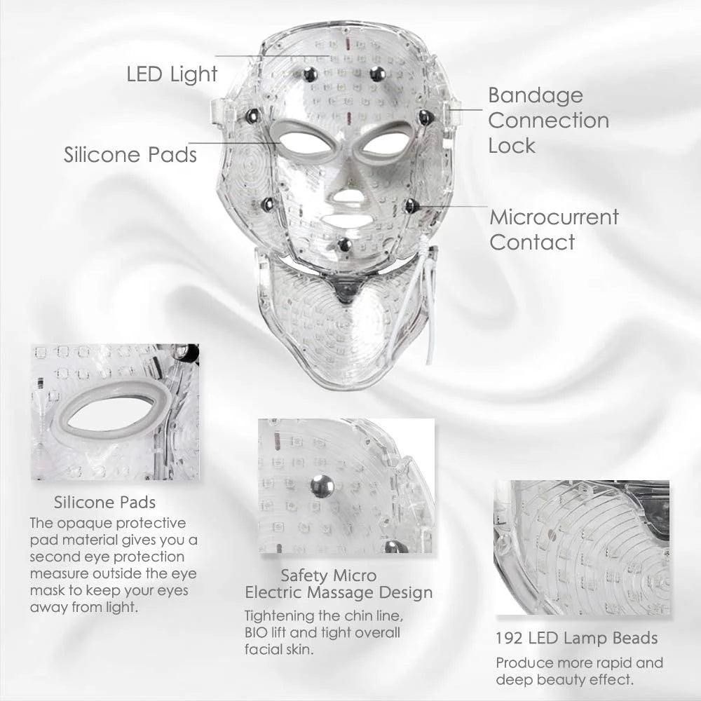 7 Colors LED Face Mask Face and Neck Skin Care Optical Cosmetic Mask for Home and Travel Use - Gold / US Plug - 3