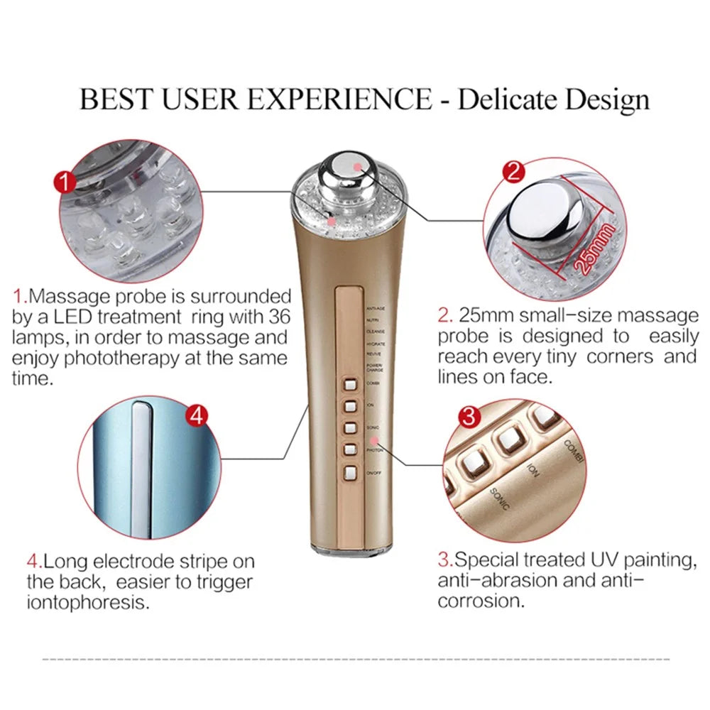 CM-5-2D Radio Frequency Facial Machine Multifunctional Skin Tightening Rejuvenation Skin Care Device Gift LED Light Therapy - Gold - 4