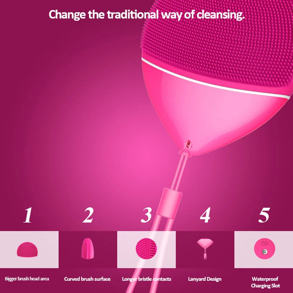 HQ-A009 Waterproof Pore Cleansing Facial Clean Instrument Electric Vibration Face Cleaning Silicone Brush - Pink - 4