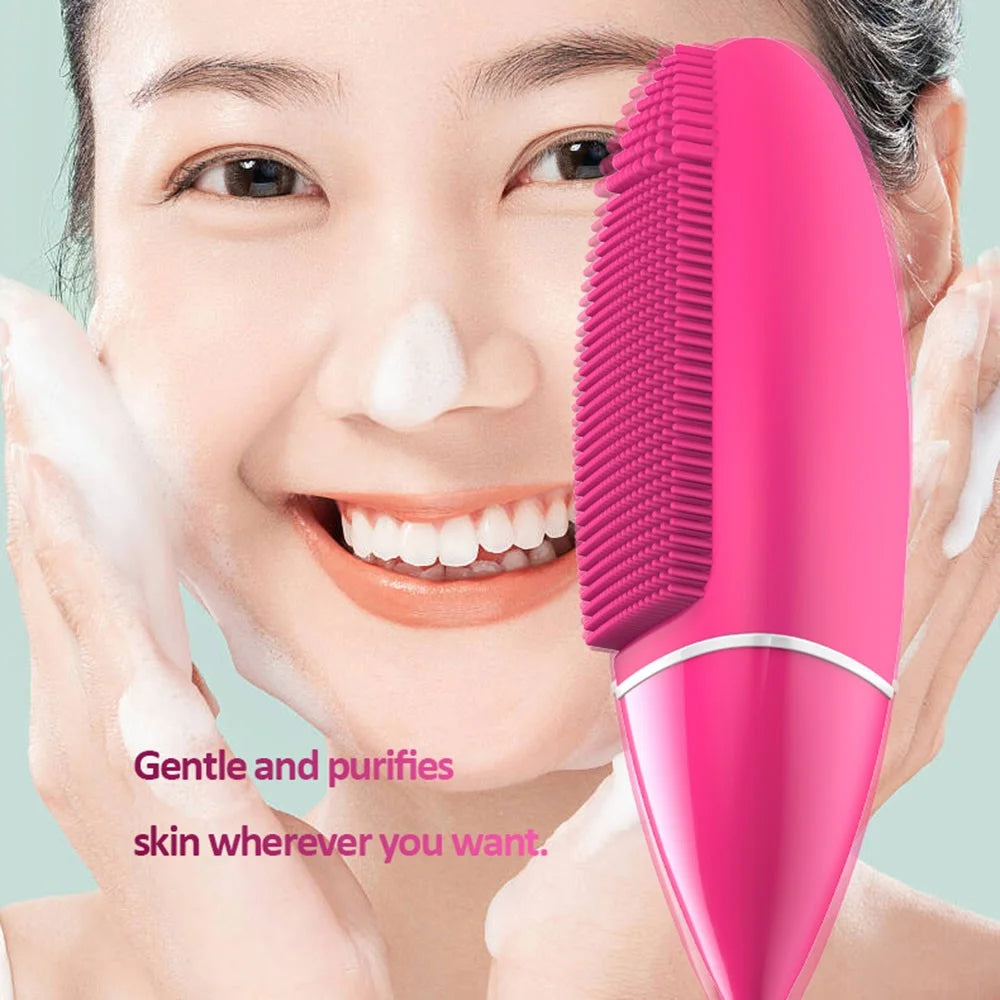 HQ-A009 Waterproof Pore Cleansing Facial Clean Instrument Electric Vibration Face Cleaning Silicone Brush - Pink - 5