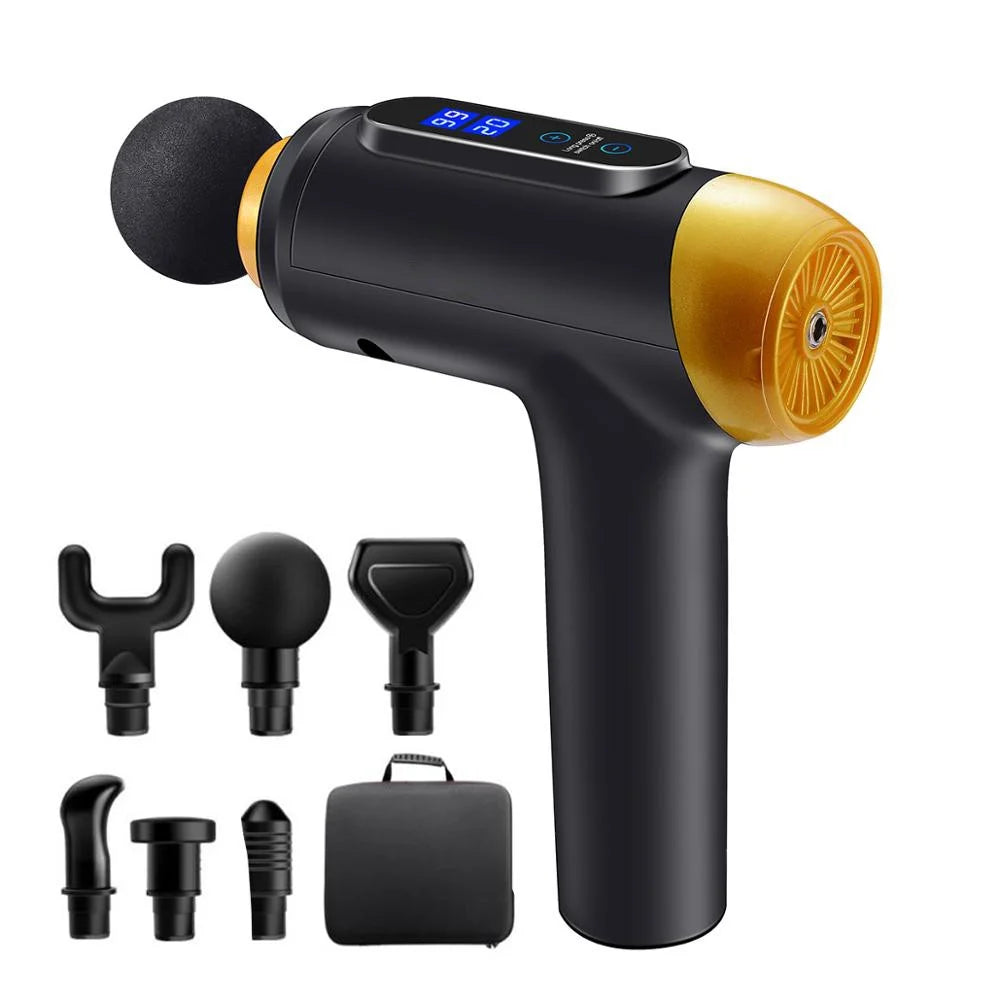 QY-005 20 Gears Massage Tool Massage Gun Muscle Relaxing Massager with 6 Massage Heads - Black / Gold//US Plug - 1