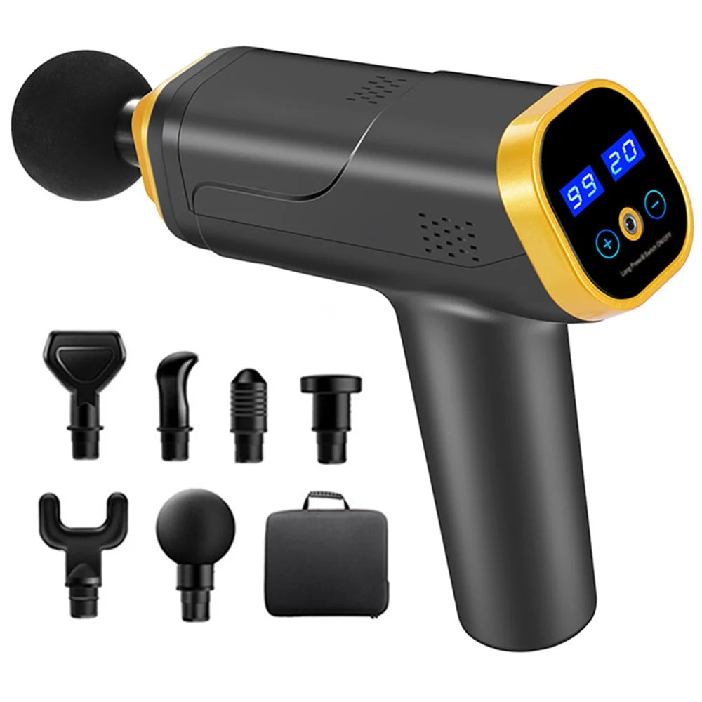 QY-006 Touch Screen Rechargeable 20-Gear Vibration Muscle Relaxation Massager Body Pain Relief Fascia Massage Gun with 6 Massage Head - Gold/EU Plug - 1