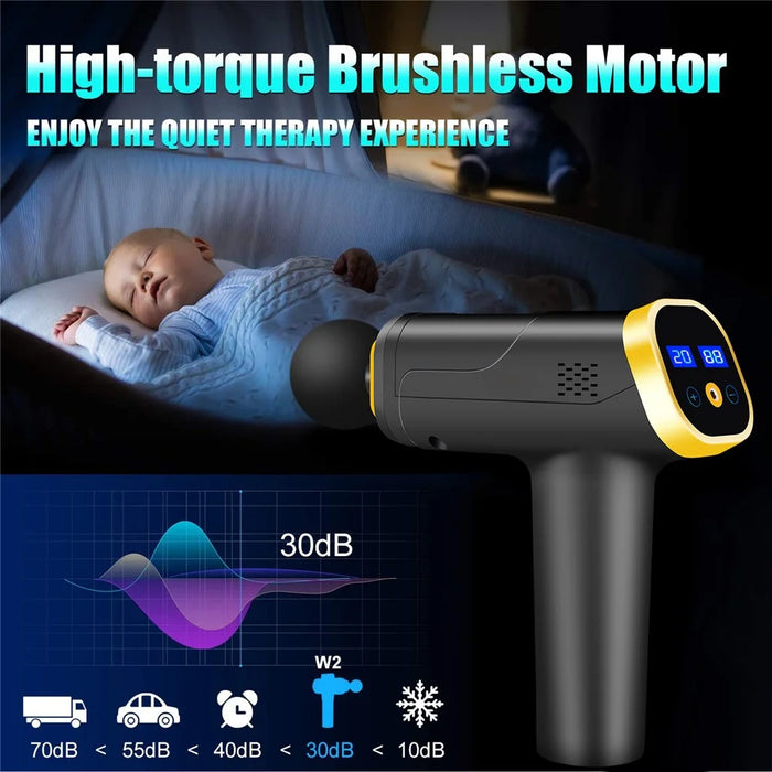 QY-006 Touch Screen Rechargeable 20-Gear Vibration Muscle Relaxation Massager Body Pain Relief Fascia Massage Gun with 6 Massage Head - Gold/EU Plug - 3