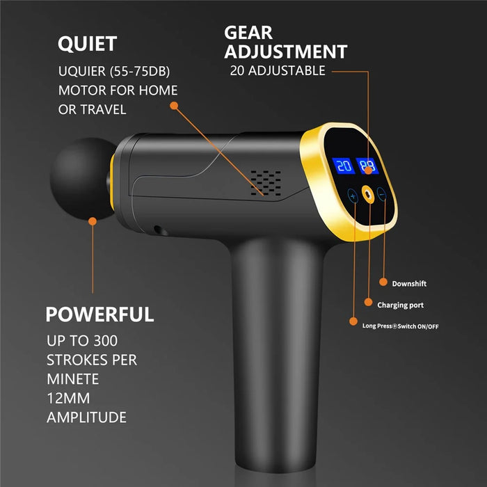 QY-006 Touch Screen Rechargeable 20-Gear Vibration Muscle Relaxation Massager Body Pain Relief Fascia Massage Gun with 6 Massage Head - Gold/EU Plug - 5
