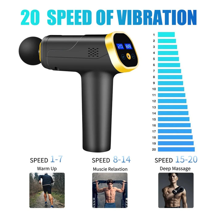 QY-006 Touch Screen Rechargeable 20-Gear Vibration Muscle Relaxation Massager Body Pain Relief Fascia Massage Gun with 6 Massage Head - Gold/EU Plug - 6