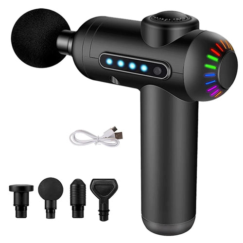 QY-M13 Mini Rechargeable 4-Gear Vibration Muscle Relaxation Massager Body Pain Relieve Cordless Deep Tissue Fascia Massage Gun with 4 Massage Head - Black - 1