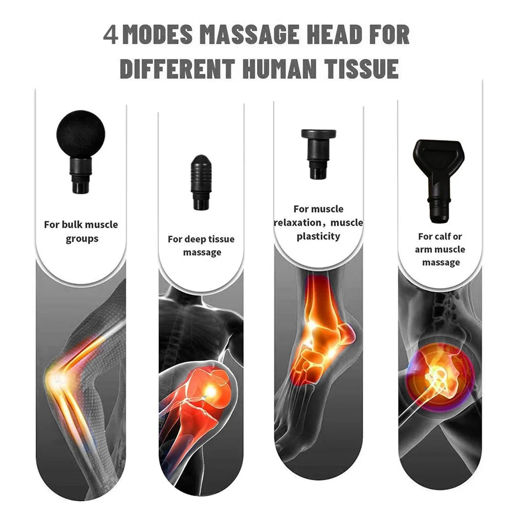 QY-M13 Mini Rechargeable 4-Gear Vibration Muscle Relaxation Massager Body Pain Relieve Cordless Deep Tissue Fascia Massage Gun with 4 Massage Head - Black - 4
