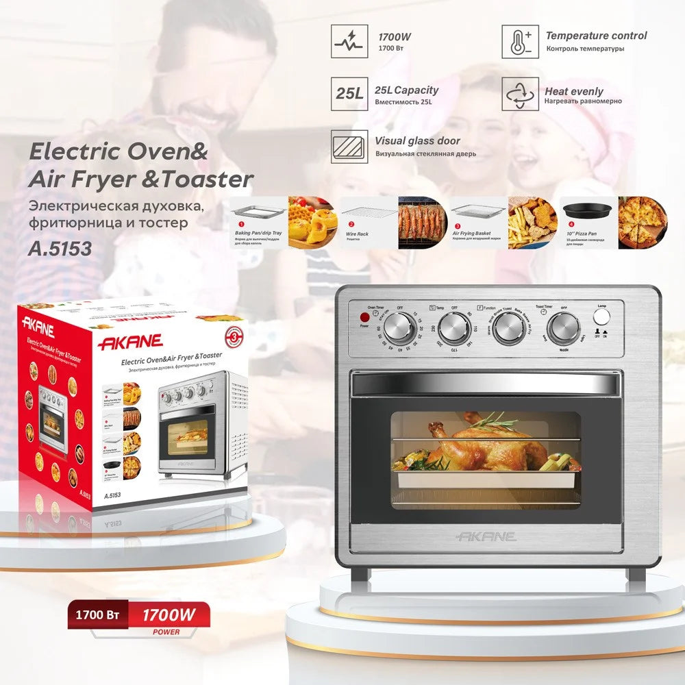 AKANE A.5153 Multifunctional 25L 1700W Electric Oven Stainless Steel Air Fryer Toaster Kitchen Appliance, EU Plug (BPA Free, No FDA) - 3