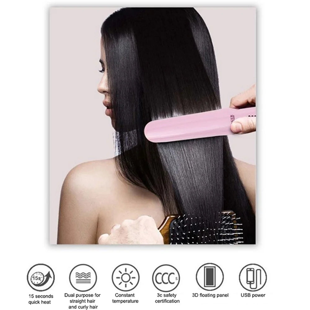 2 in 1 Hair Straightener Flat Aluminum Alloy 3 Temperature Levels Hair Curler for Hair Style - Pink - 2