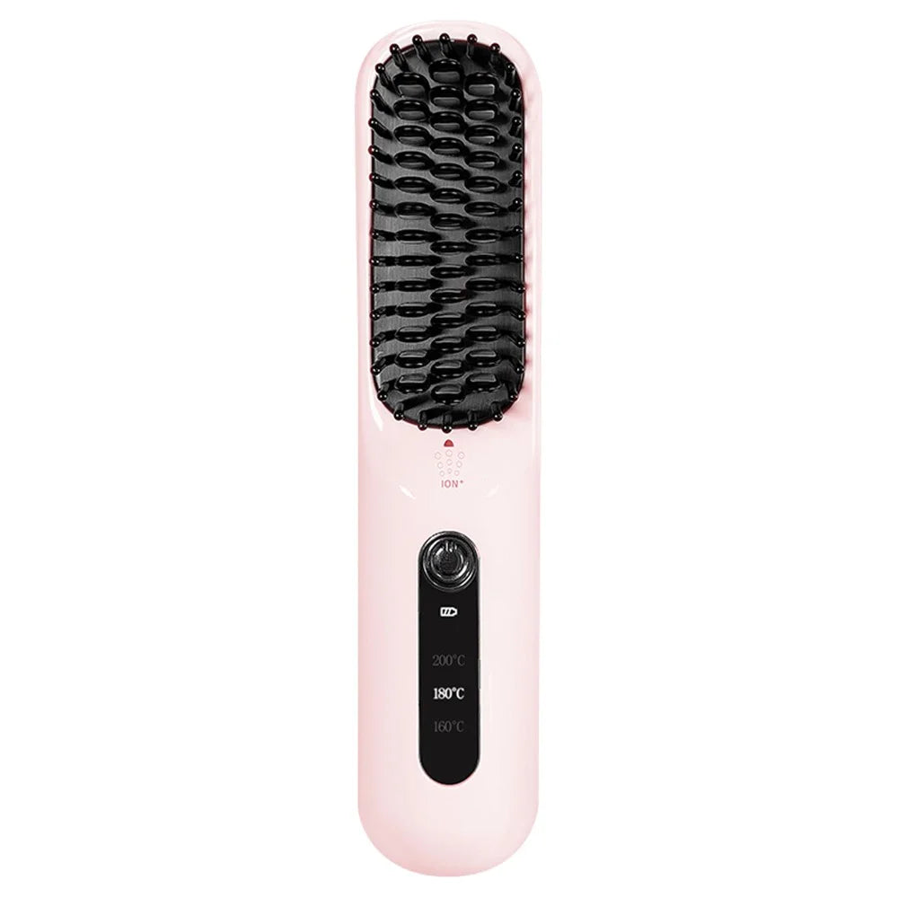 FY-H128 Wireless Hair Straightener Brush Straightening / Curling Ionic Portable Styling Tool - Pink - 1