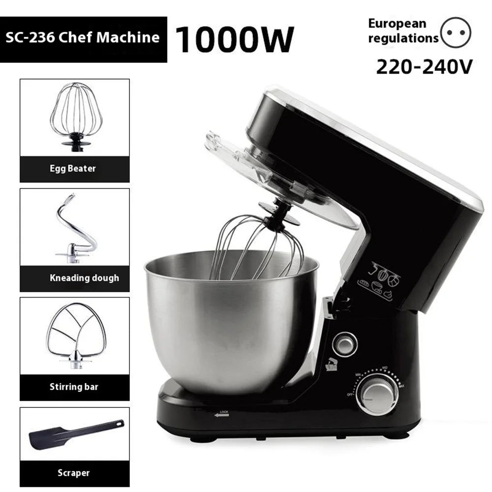 SC-236 5L Capacity 1000W Multipurpose Kitchen Stand Mixer for Kneading Dough Whisking Eggs (BPA Free, No FDA) - EU Plug / Black - 5