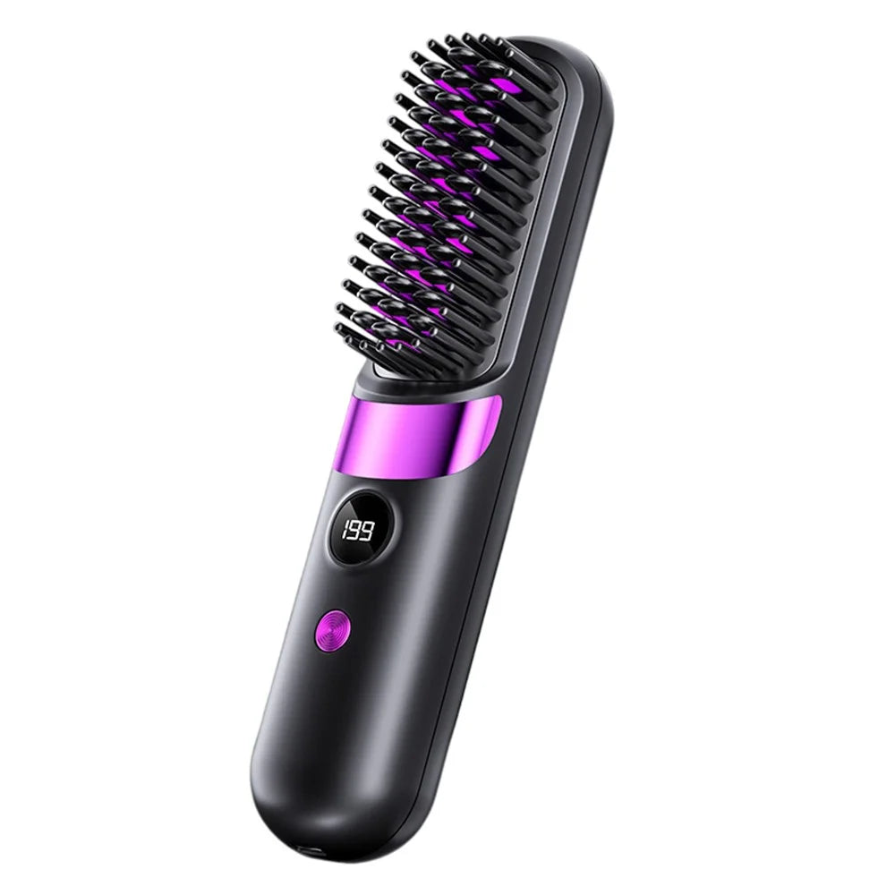 Portable Hair Straightener Brush 2-in-1 Straightening Curling Wireless Comb - Black - 1