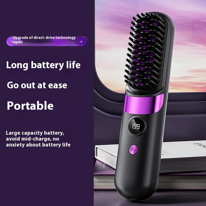 Portable Hair Straightener Brush 2-in-1 Straightening Curling Wireless Comb - Black - 2