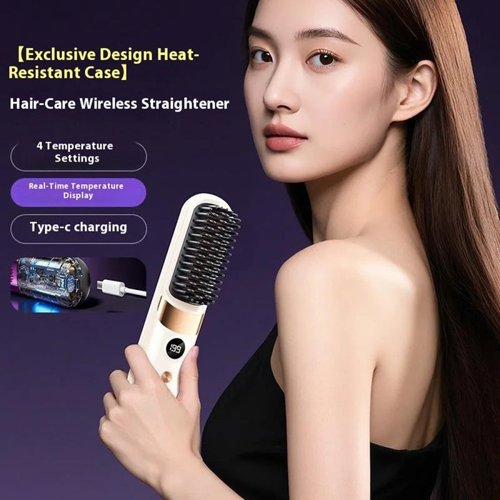 Portable Hair Straightener Brush 2-in-1 Straightening Curling Wireless Comb - Black - 3