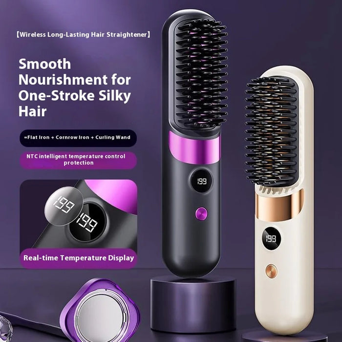Portable Hair Straightener Brush 2-in-1 Straightening Curling Wireless Comb - Black - 4