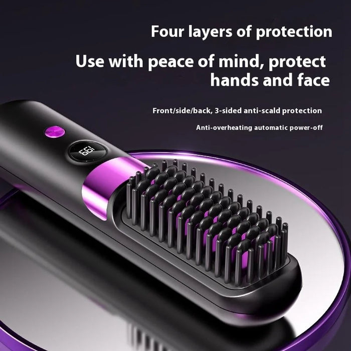 Portable Hair Straightener Brush 2-in-1 Straightening Curling Wireless Comb - Black - 5