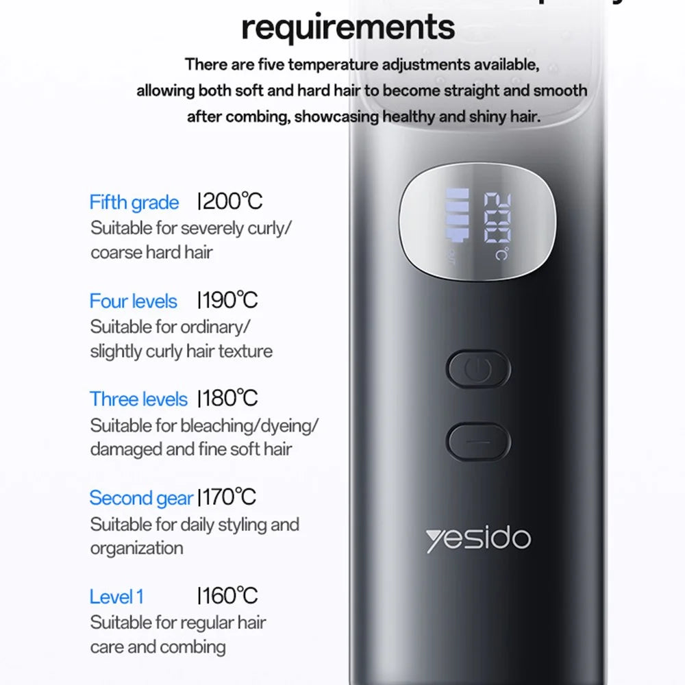 YESIDO MG23 Wireless Hair Straightener Brush  2 in 1 Straighten and Curl Styling Tool 3 Temp Settings Digital Display - Black - 5