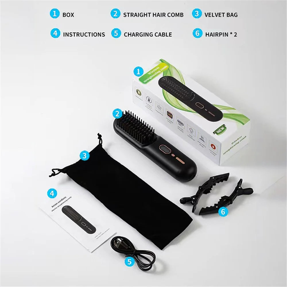 QL001 Cordless Hair Straightener Brush Ion Hot Straightener Styling Comb with USB Rechargeable - Grey - 6