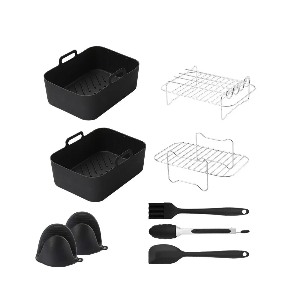 9Pcs / Set for Ninja AF400 AF500 Air Fryer Accessories Silicone Liner Grill Rack Tong Oil Brush Scraper Kit (BPA Free, FDA Certified) - 1