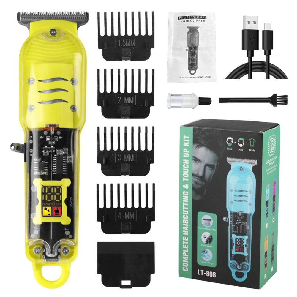 LT-808 Transparent Hair Clipper LCD Display Electric Trimmer with 4 Guide Combs for Barber Home - Yellow - 1