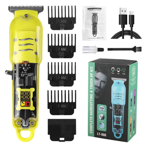 LT-808 Transparent Hair Clipper LCD Display Electric Trimmer with 4 Guide Combs for Barber Home - Yellow - 1