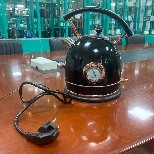PUKOMC 1.8L Retro Electric Kettle 304 Stainless Steel Boil Water Kettle with Thermometer (BPA Free, No FDA Certificate) - EU Plug / Black - 1