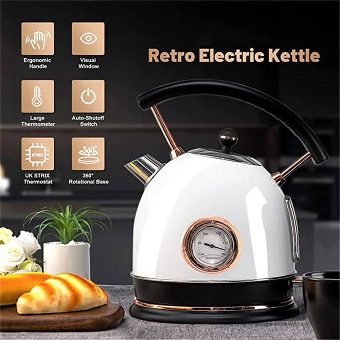 PUKOMC 1.8L Retro Electric Kettle 304 Stainless Steel Boil Water Kettle with Thermometer (BPA Free, No FDA Certificate) - EU Plug / Black - 2