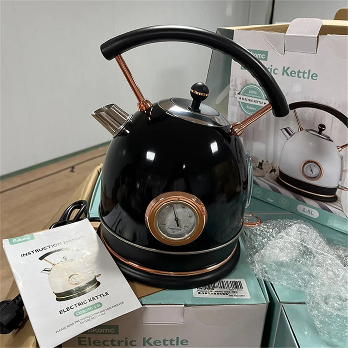 PUKOMC 1.8L Retro Electric Kettle 304 Stainless Steel Boil Water Kettle with Thermometer (BPA Free, No FDA Certificate) - EU Plug / Black - 6