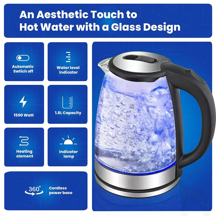 YJ-1808H High Borosilicate Glass Electric Kettle 1.8L Blue LED Fast Boiling Water Kettle (BPA Free, No FDA) - EU Plug - 4